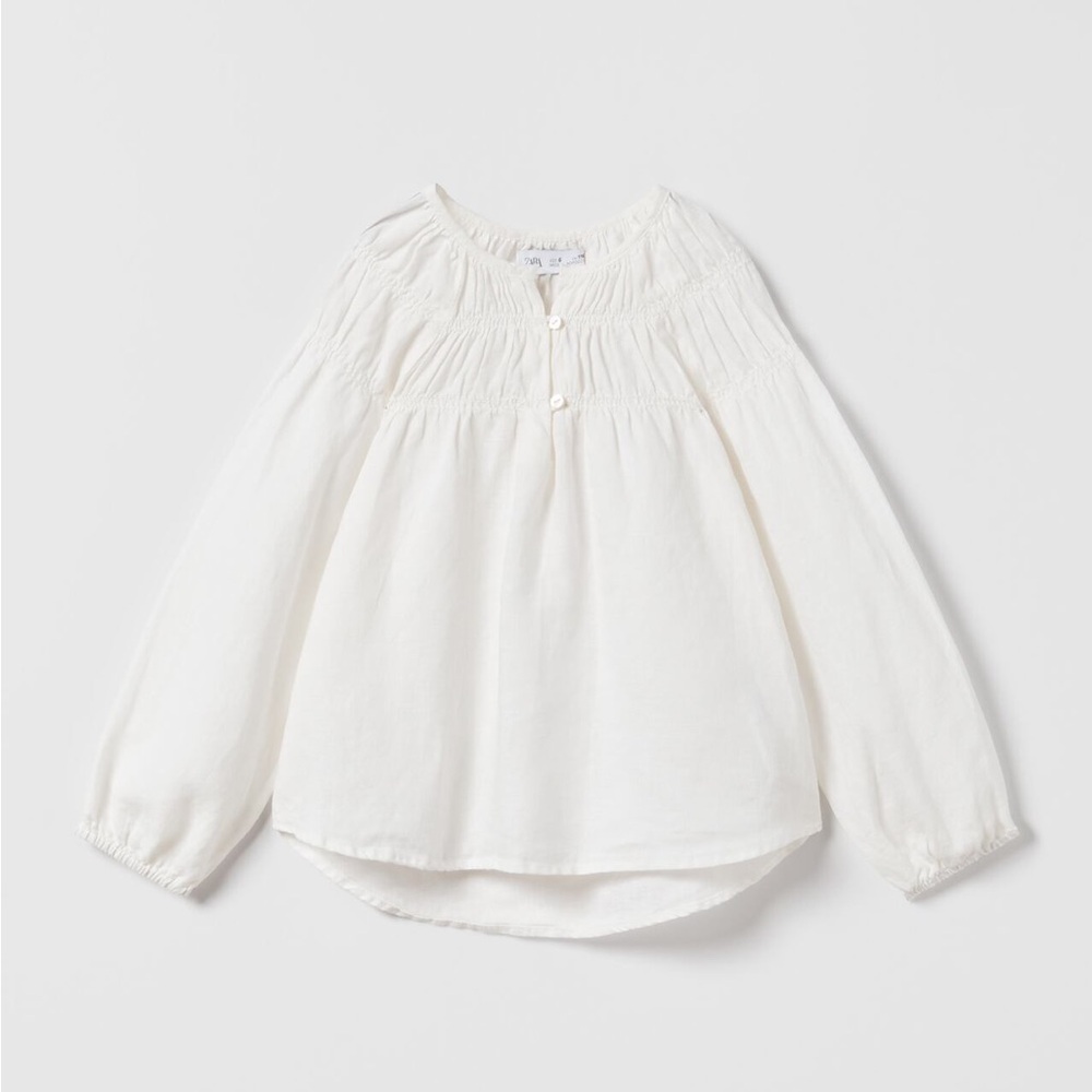 Zara gathered linen Long Sleeve Blouse size 8